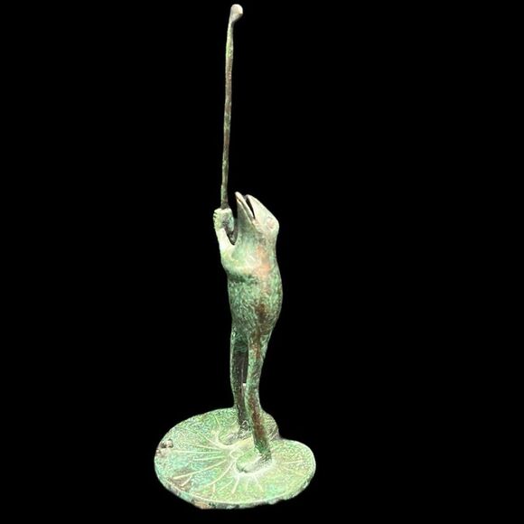 Golfing Frog Figurine Green Iron Table Decor Garden Accent Anthropomorphic Heavy - Picture 1 of 8